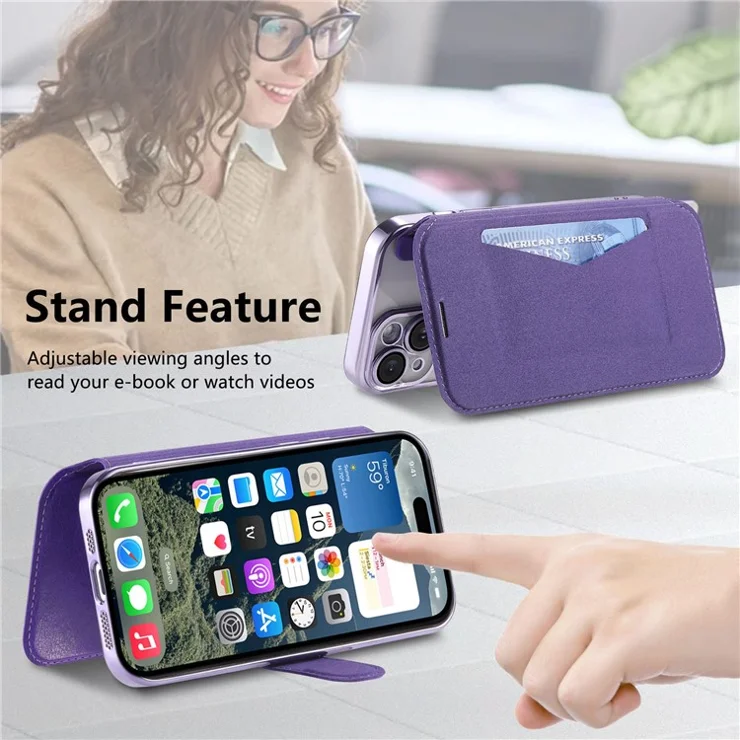 For iPhone 15 Pro Case Compatible with MagSafe Detachable Leather Phone Cover with Lens Film - Light Purple