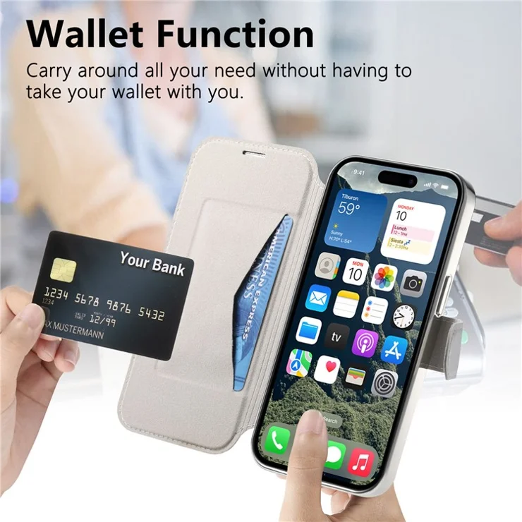 For iPhone 15 Pro Case Compatible with MagSafe Detachable Leather Phone Cover with Lens Film - Silver