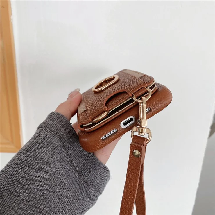 For iPhone 15 Pro Max Case Card Slots Kickstand PU Leather Back Cover with Ring Holder, Wrist Strap - Dark Brown