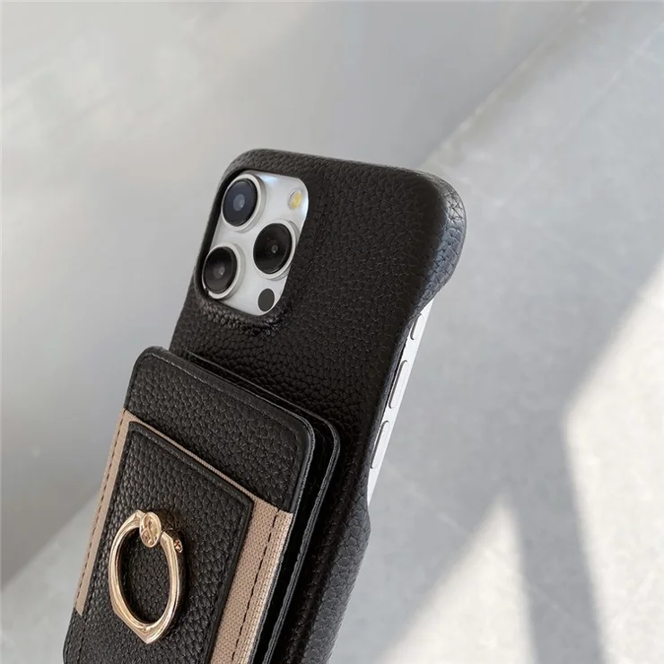 For iPhone 14 Pro Case Card Slots Kickstand PU Leather Back Cover with Ring Holder, Wrist Strap - Black