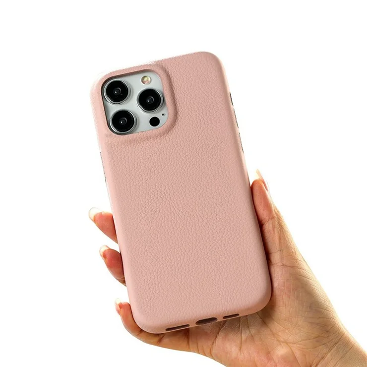 For iPhone 14 Pro Max Phone Case Skin Touch Litchi Texture Leather Coated PET Mobile Cover - Light Pink