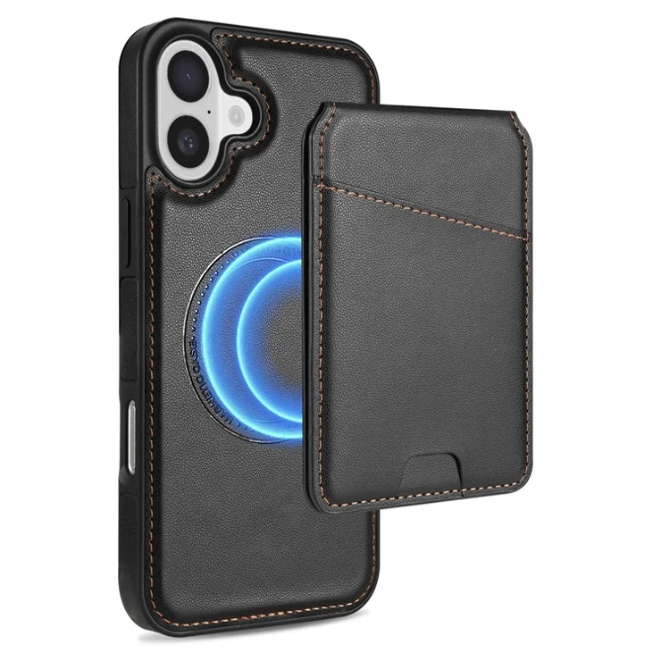 For iPhone 16 Case Compatible with MagSafe Detachable Card Holder Kickstand Leather Phone Back Cover - Black