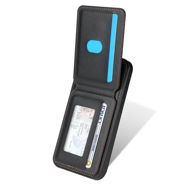 For iPhone 15 Pro Case Compatible with MagSafe Detachable Card Holder Kickstand Leather Phone Back Cover - Black