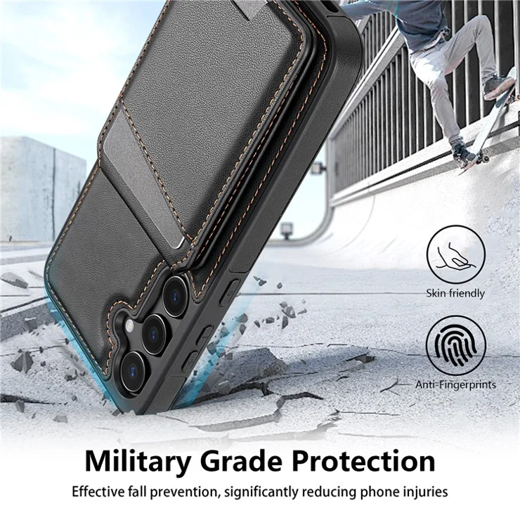 For Samsung Galaxy S24 Case Compatible with MagSafe Detachable Card Holder Kickstand Leather Phone Back Cover - Black