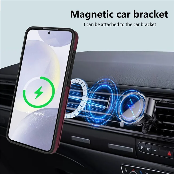 For Samsung Galaxy S24 Case Compatible with MagSafe Detachable Card Holder Kickstand Leather Phone Back Cover - Red