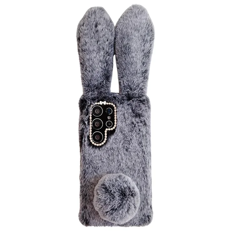 For Samsung Galaxy S25 Ultra Case Bunny Ears Furry Soft TPU Protective Phone Cover - Dark Grey