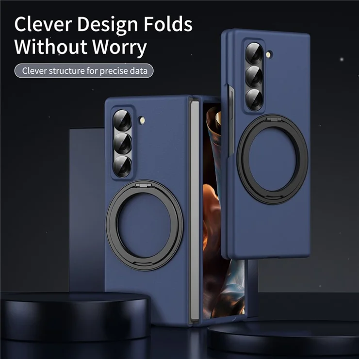 Magnetic Phone Case for Samsung Galaxy Z Fold Special / Z Fold 6 Slim / W25 Ring Kickstand Hard PC Cover with Tempered Glass Screen Film - Sapphire
