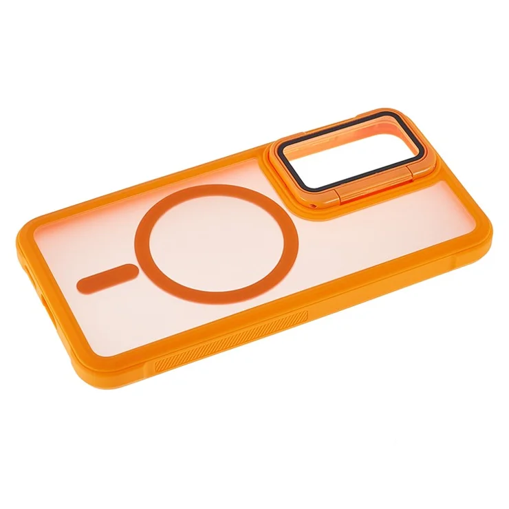 For Samsung Galaxy S25 / S24 Case Compatible with MagSafe Lens Cover Kickstand Matte Back Cover - Orange