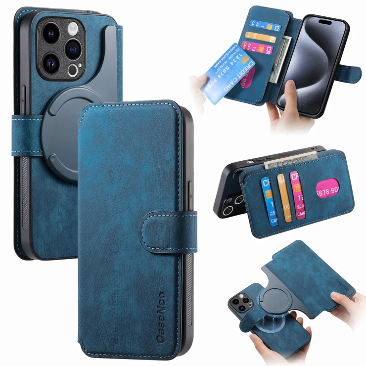 For iPhone 14 Pro Max Magnetic Case CASENEO Detachable Leather Phone Wallet Cover - Dark Blue