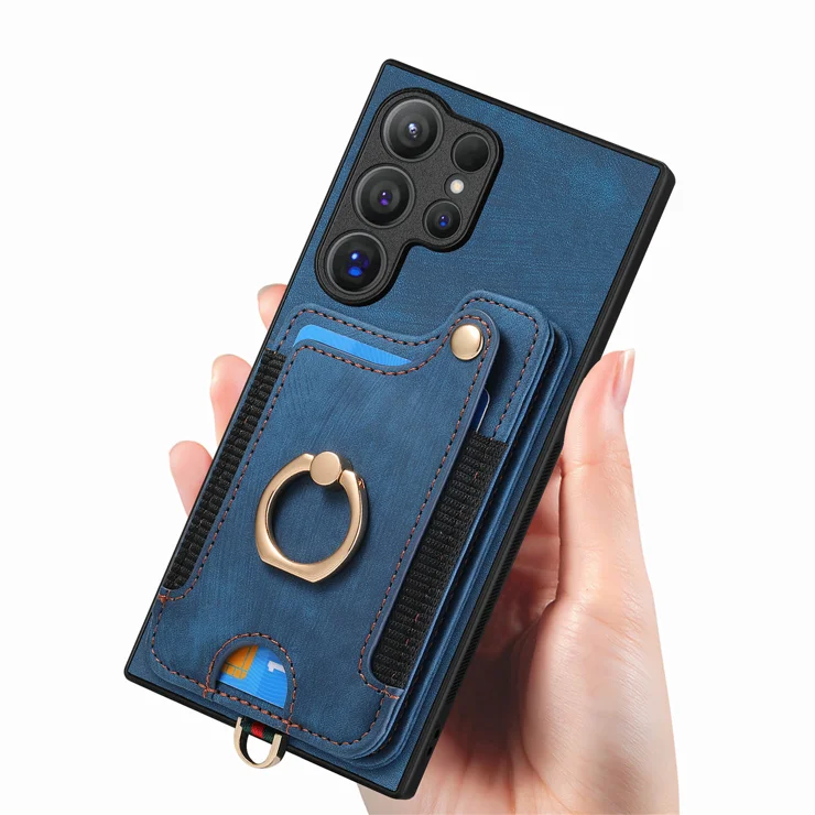 For Samsung Galaxy S25 Ultra Retro PU Leather Back Cover with RFID Blocking Card Holder - Blue
