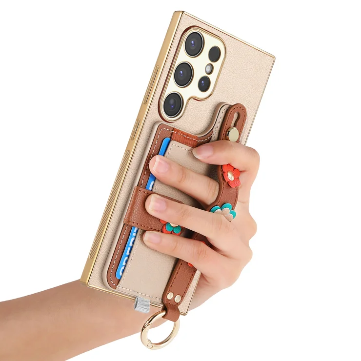 For Samsung Galaxy S25 Ultra Case with Card Holder Wristband Leather Back Cover 3D Flower Design - Khaki