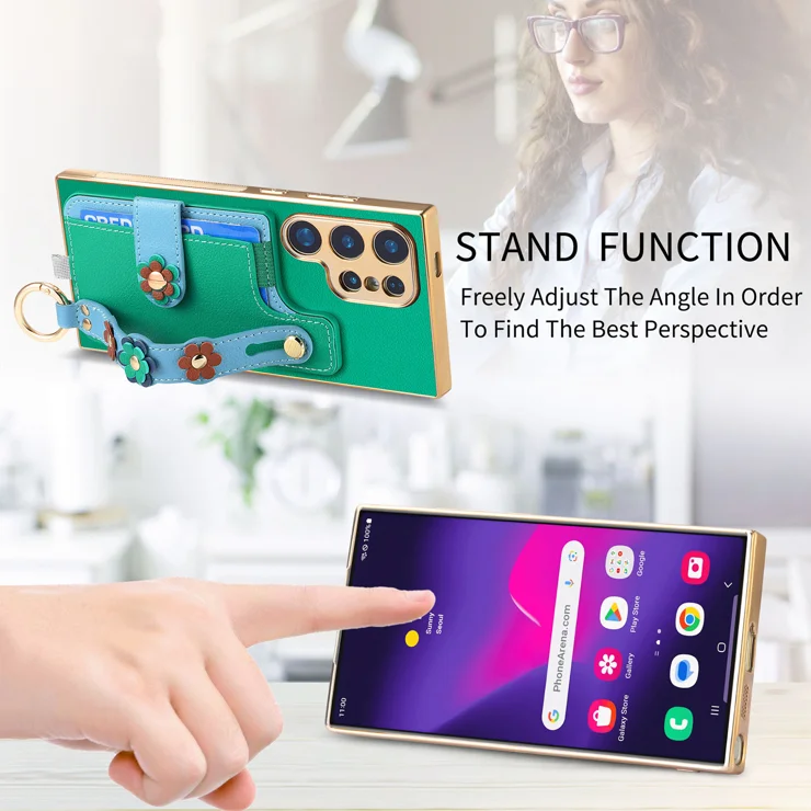 For Samsung Galaxy S25 Ultra Case with Card Holder Wristband Leather Back Cover 3D Flower Design - Green
