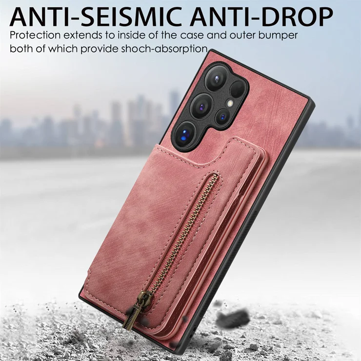 For Samsung Galaxy S25 Ultra Case with Zipper Card Holder Retro Leather TPU Phone Cover - Pink
