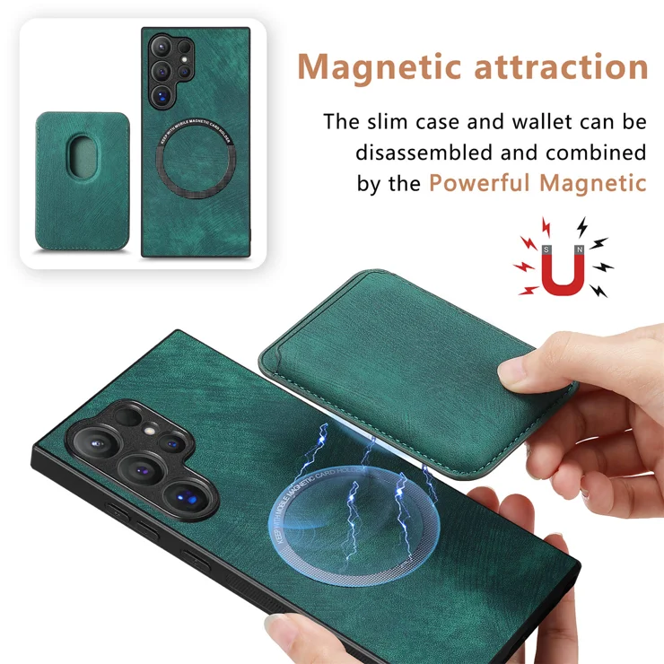 For Samsung Galaxy S25 Ultra Case Compatible with MagSafe Leather Back Cover with Detachable Card Holder - Green