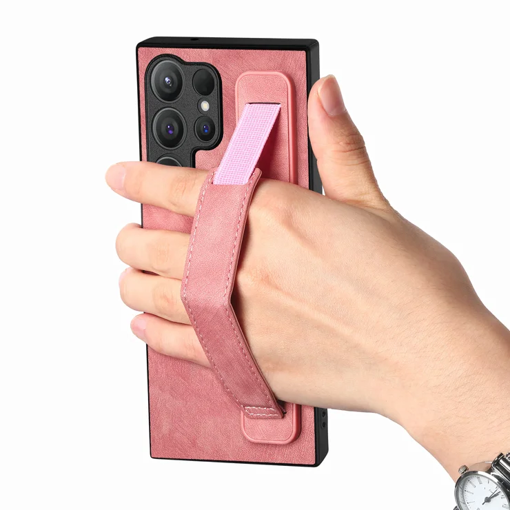 For Samsung Galaxy S25 Ultra Case with Wristband Kickstand Leather + TPU Phone Cover - Pink