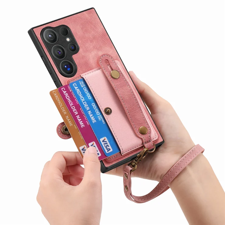 For Samsung Galaxy S25 Ultra Retro PU Leather Back Cover with Card Holder and Wristband Kickstand - Pink