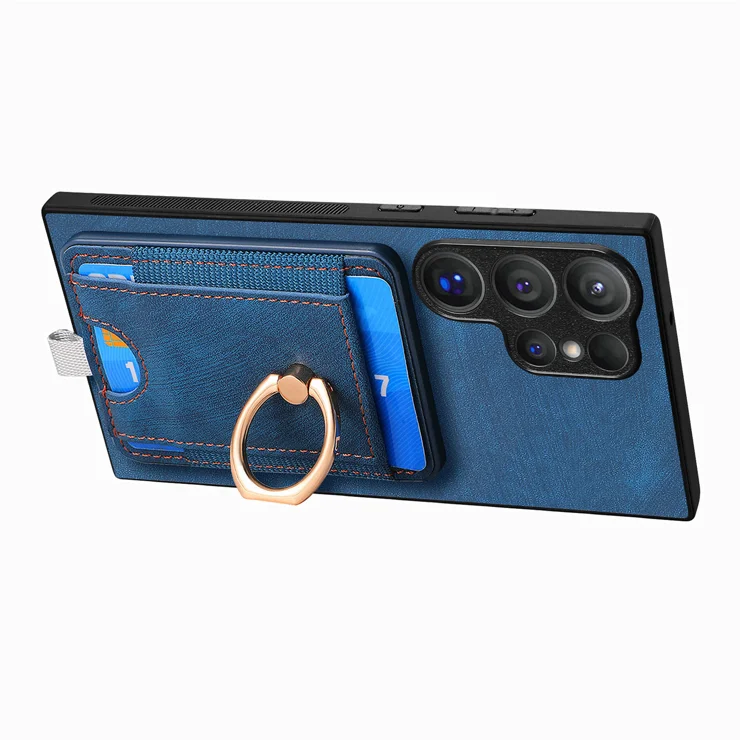 For Samsung Galaxy S25 Ultra Magnetic Case PU Leather Back Cover with Detachable Card Holder - Blue