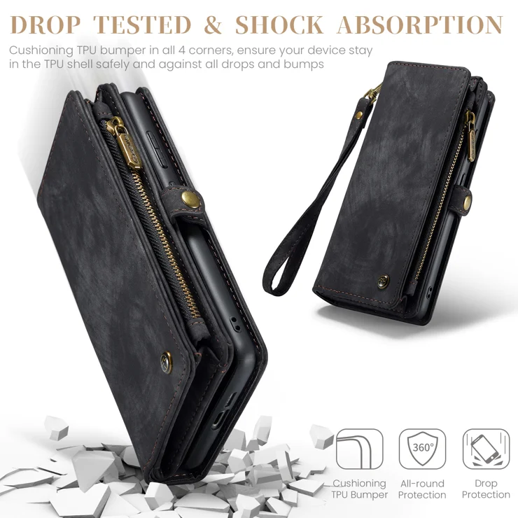 For Samsung Galaxy S25+ Phone Cases CASEME Leather Cover with Detachable Wallet and Strap - Black