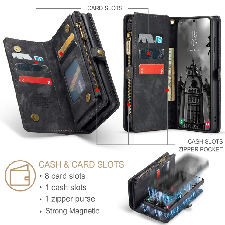 For Samsung Galaxy S25 Phone Cases CASEME Leather Cover with Detachable Wallet and Strap - Black