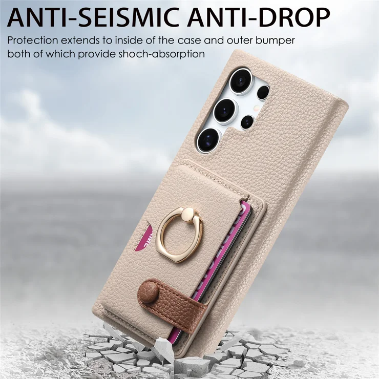 For Samsung Galaxy S25 Ultra Leather Phone Back Cover with Card Holder and Ring Kickstand - Khaki Grey