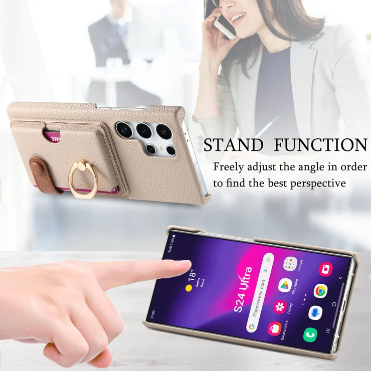 For Samsung Galaxy S25 Ultra Leather Phone Back Cover with Card Holder and Ring Kickstand - Khaki Grey
