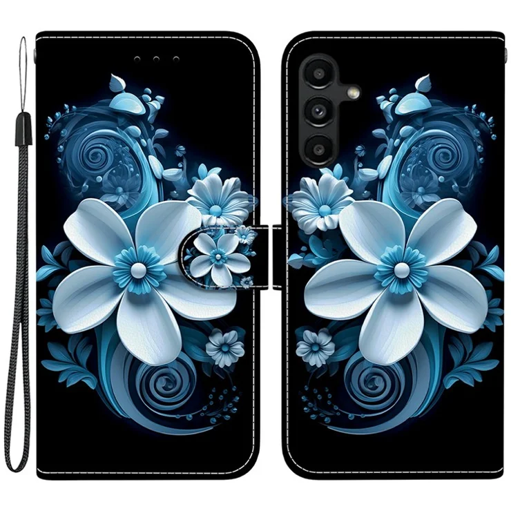 For Samsung Galaxy A15 5G / 4G Case Pattern Printing Anti-Drop Leather Flip Wallet Phone Cover with Lanyard - Black Orchid
