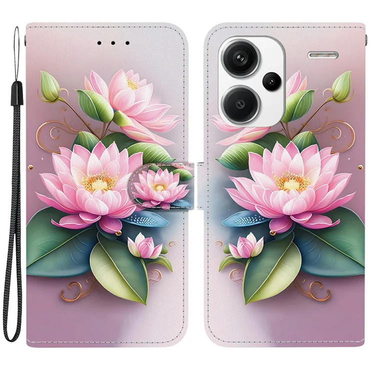 For Xiaomi Redmi Note 13 Pro 5G Case Pattern Printing Anti-Drop Leather Flip Wallet Phone Cover With Lanyard - Lotus - View #3