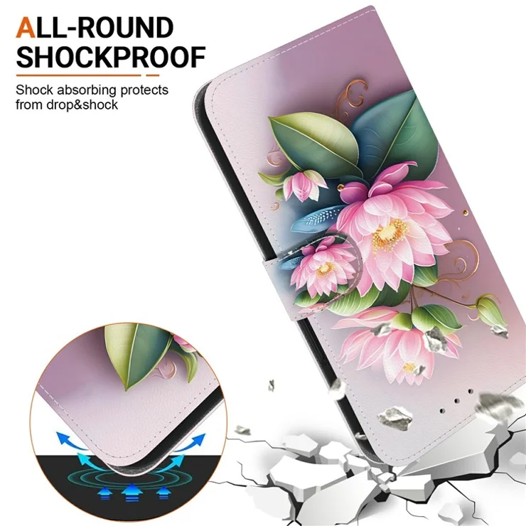 For iPhone 16 Case Pattern Printing Anti-Drop Leather Flip Wallet Phone Cover with Lanyard - Lotus