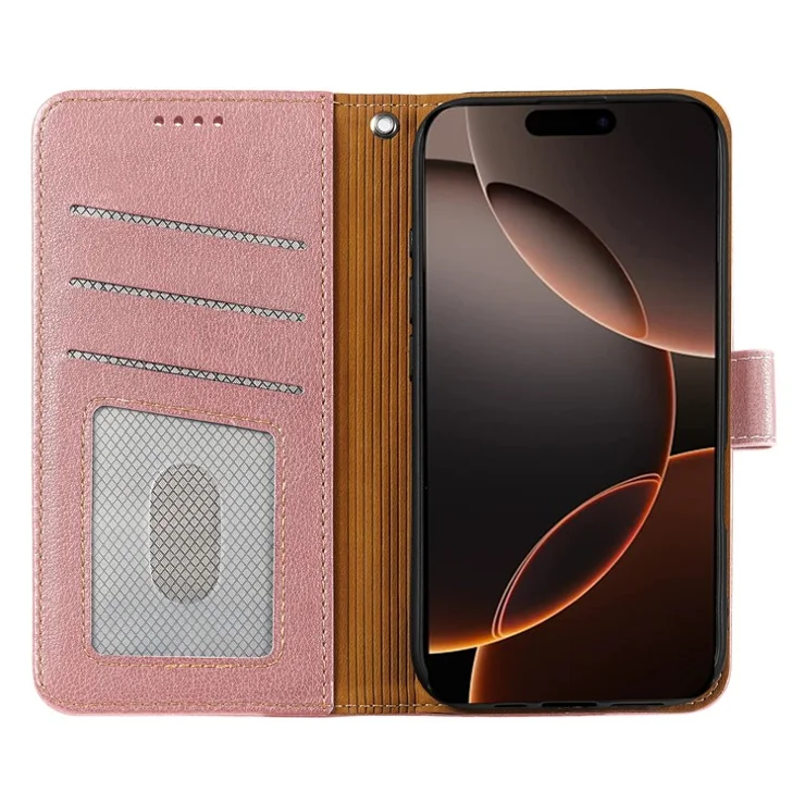 For iPhone 14 Pro Leather Case Litchi Texture Wallet RFID Blocking Phone Cover - Rose Gold