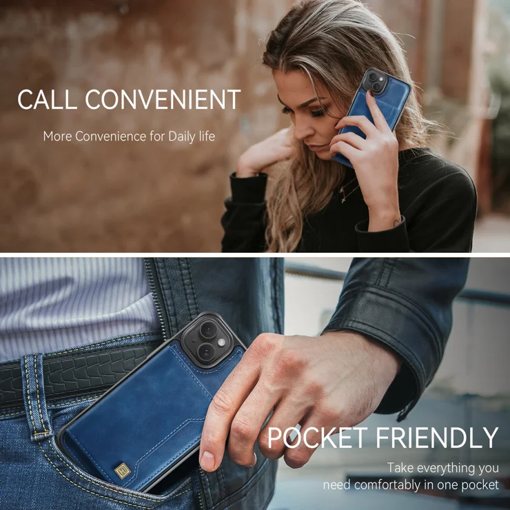 For iPhone 13 6.1 inch Case AUTSPACE A13 Vintage Leather Back Cover with Magnetic Detachable Card Bag - Blue
