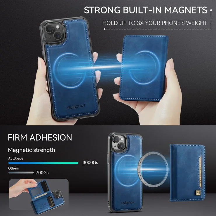 For iPhone 13 6.1 inch Case AUTSPACE A13 Vintage Leather Back Cover with Magnetic Detachable Card Bag - Blue