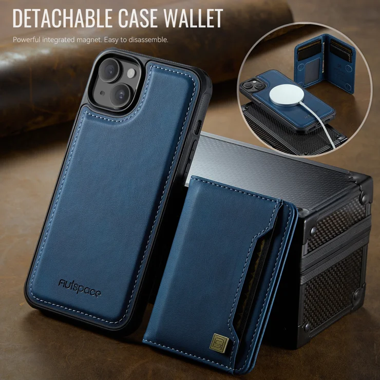For iPhone 14 Case AUTSPACE A13 Vintage Leather Back Cover with Magnetic Detachable Card Bag - Blue