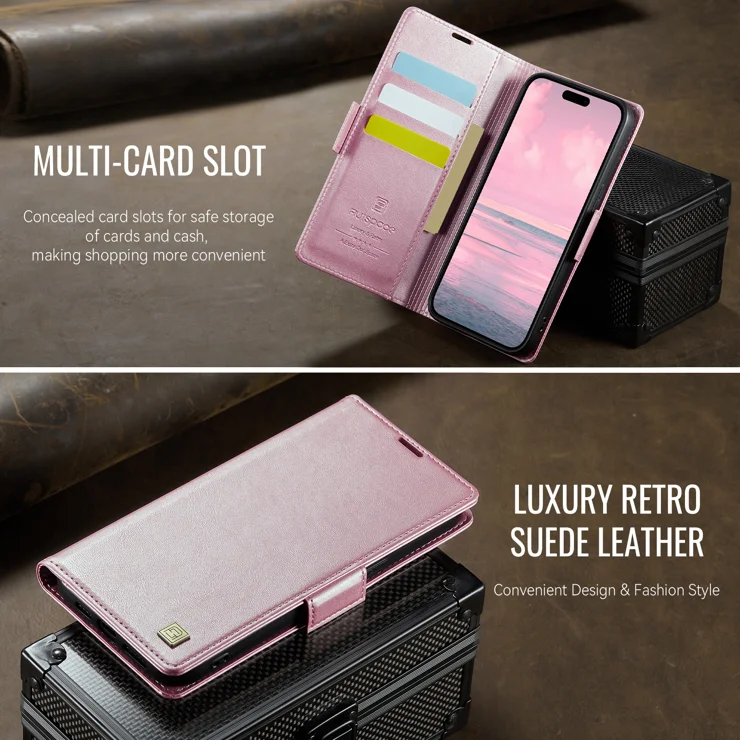 For iPhone 12 Pro Max 6.7 inch Case AUTSPACE A11 RFID Blocking Retro Leather Cell Phone Wallet Cover - Pink