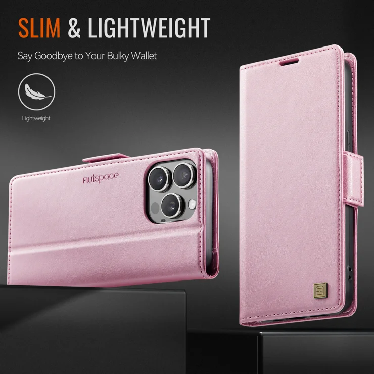 For iPhone 13 Pro 6.1 inch Case AUTSPACE A11 RFID Blocking Retro Leather Cell Phone Wallet Cover - Pink