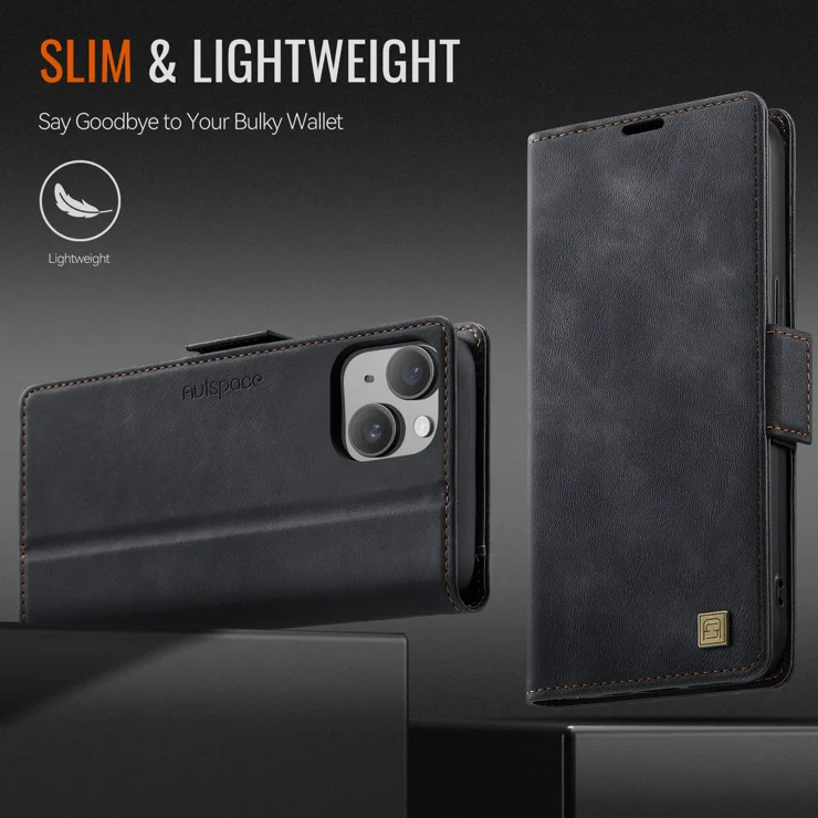 For iPhone 15 Case AUTSPACE A11 RFID Blocking Retro Leather Cell Phone Wallet Cover - Black