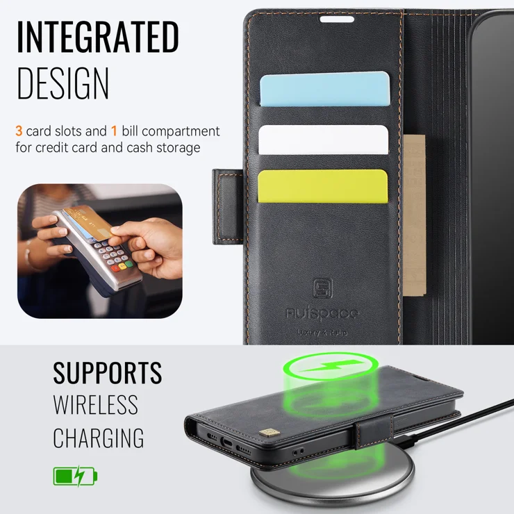 For iPhone 15 Case AUTSPACE A11 RFID Blocking Retro Leather Cell Phone Wallet Cover - Black