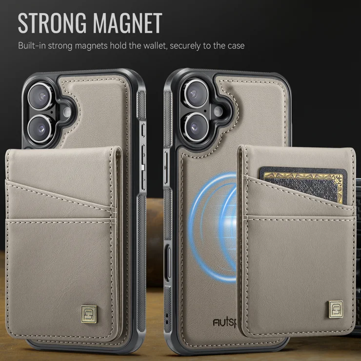 For iPhone 16 Plus Case AUTSPACE A12 Leather Phone Case with Detachable Card Bag - Grey