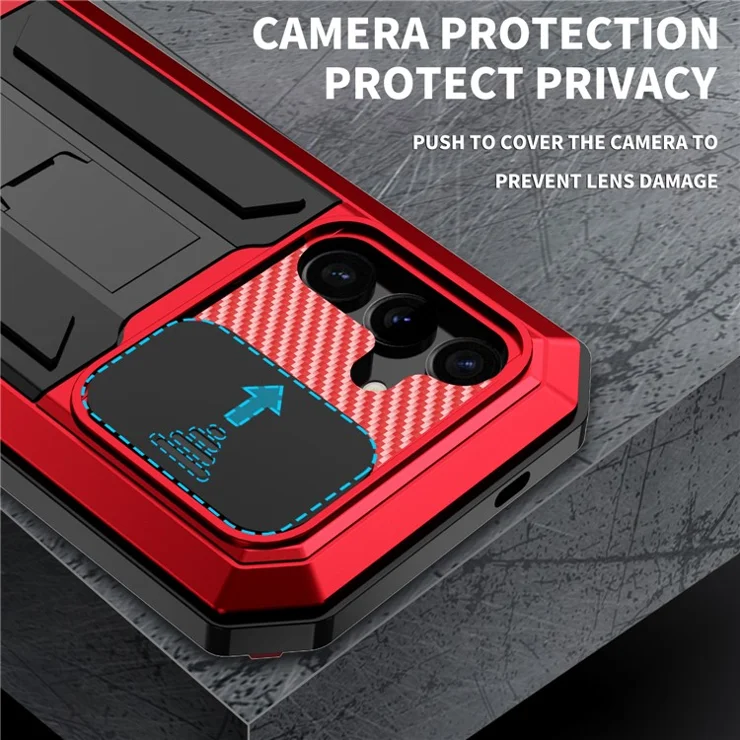 R-JUST For Samsung Galaxy S25 Case PC + Silicone + Metal Back Cover with Tempered Glass Film - Red