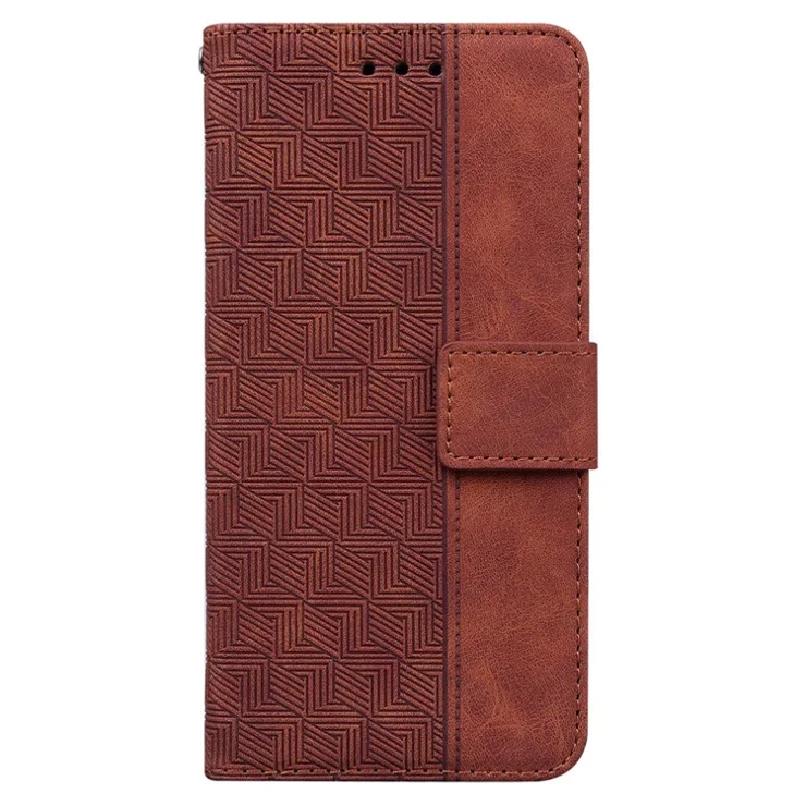 PU Leather Protective Shell for Samsung Galaxy M13 4G, Geometry Imprinted Shockproof Case Phone Stand Wallet Cover with Strap - Brown