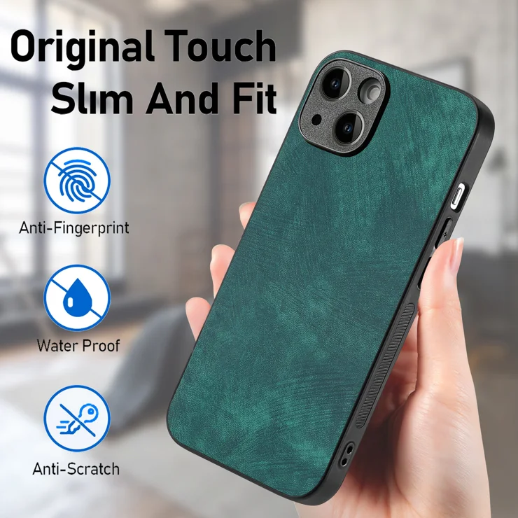 For iPhone 14 Plus Case Shockproof Slim Retro Leather Phone Back Cover - Green