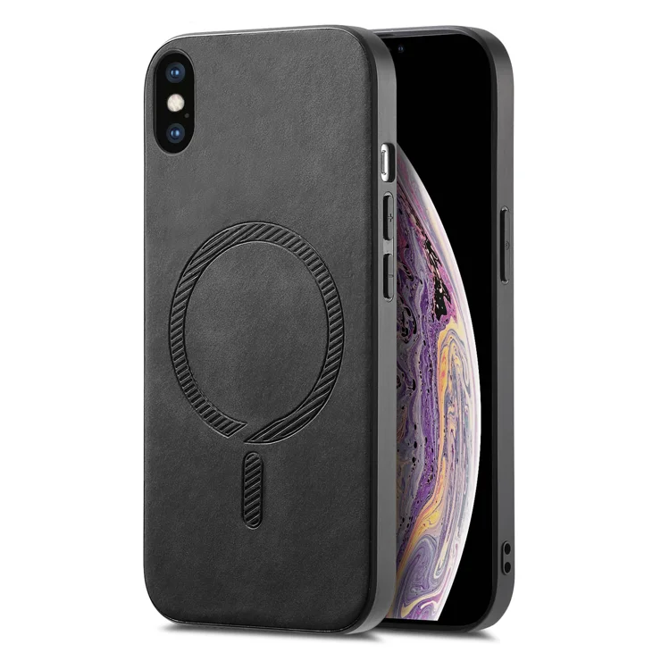 For iPhone XS Max 6.5 inch Leather Back Case Compatible with MagSafe Skin-touch Phone Cover - Black