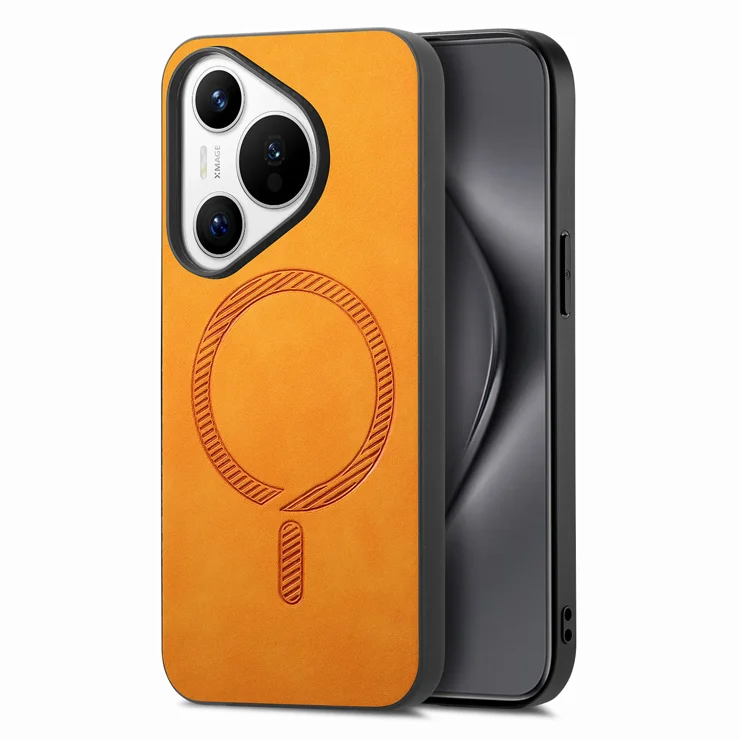 For Huawei Pura 70 Leather Back Case Compatible with MagSafe Skin-touch Phone Cover - Yellow