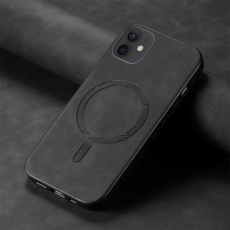 For iPhone 11 Leather Back Case Compatible with MagSafe Skin-touch Phone Cover - Black