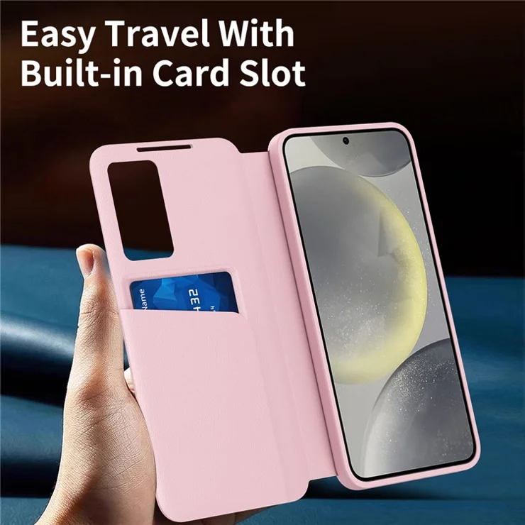 For Samsung Galaxy S24 Leather Phone Case with View Window Card Slot - Pink