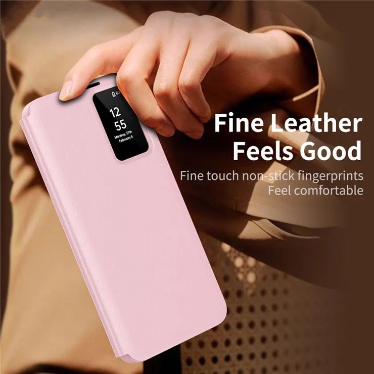 For Samsung Galaxy S24 Leather Phone Case with View Window Card Slot - Pink