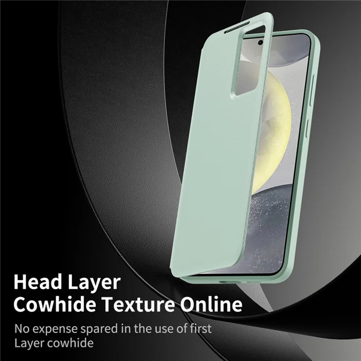 For Samsung Galaxy S25+ Leather Phone Case with View Window Card Slot - Light Green