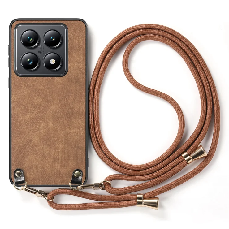 For Xiaomi 14T Retro Leather Phone Back Cover with Adjustable Strap - Brown