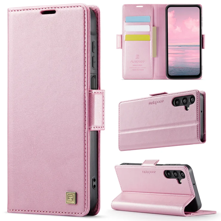 For Samsung Galaxy A16 5G Case AUTSPACE A11 RFID Blocking Retro Leather Cell Phone Wallet Cover - Pink