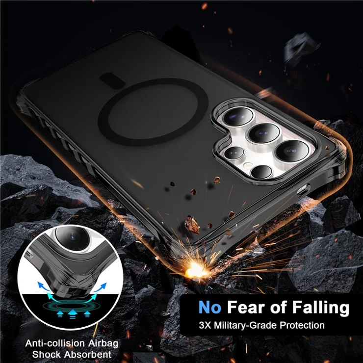 For Samsung Galaxy S25 Ultra Case Compatible with MagSafe Small Wavy Edge PC + TPU Phone Cover - Black