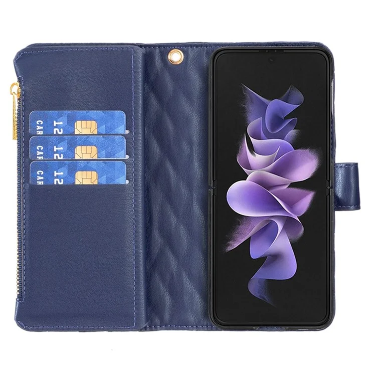 BINFEN COLOR for Samsung Galaxy Z Fold3 5G Magnetic Zipper Pocket Wallet Case PU Leather Imprinted Rhombus Pattern Stand Cover with Strap - Blue